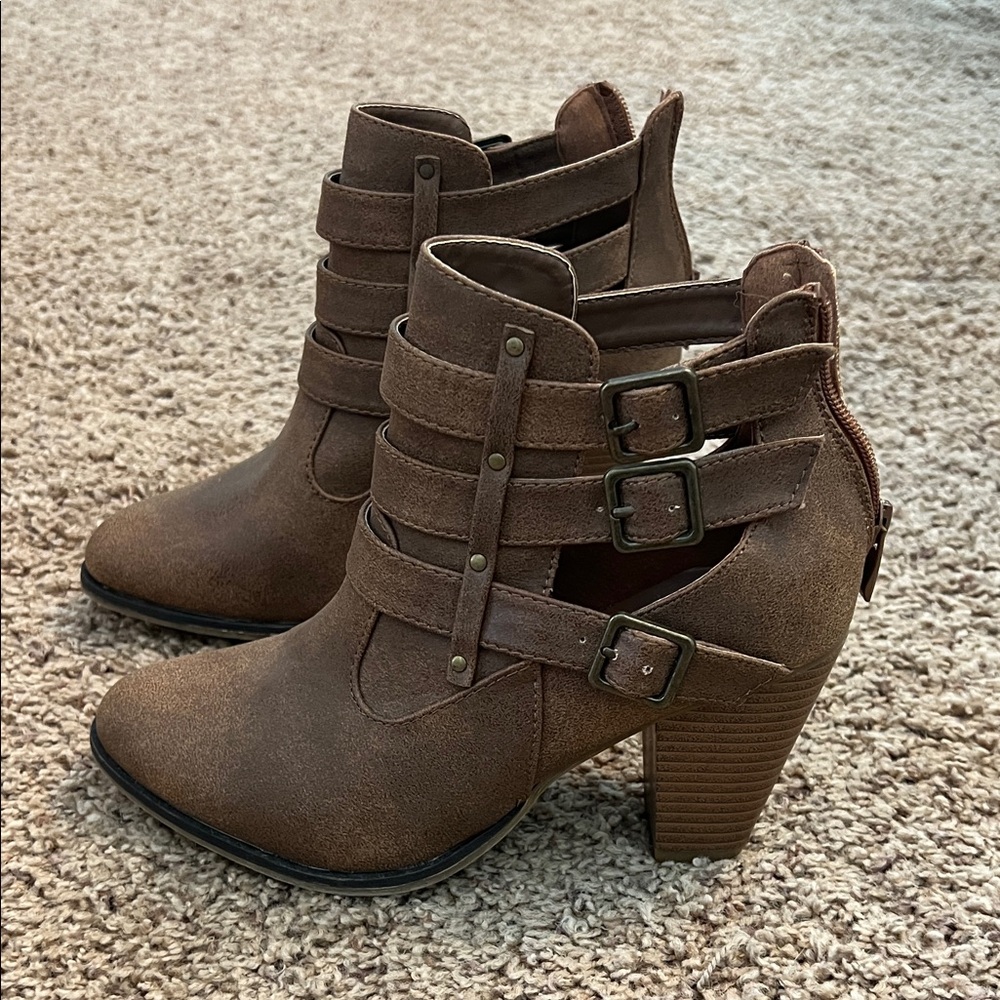 Forever Triple Buckle Brown Ankle Booties